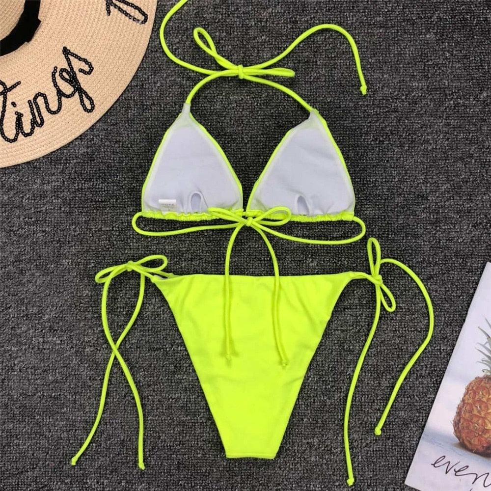 Maillot de bain bikini rose fluo pour femmes Ensemble deux pièces maillot de bain licou Bikini string triangle Ensembles de maillots de bain