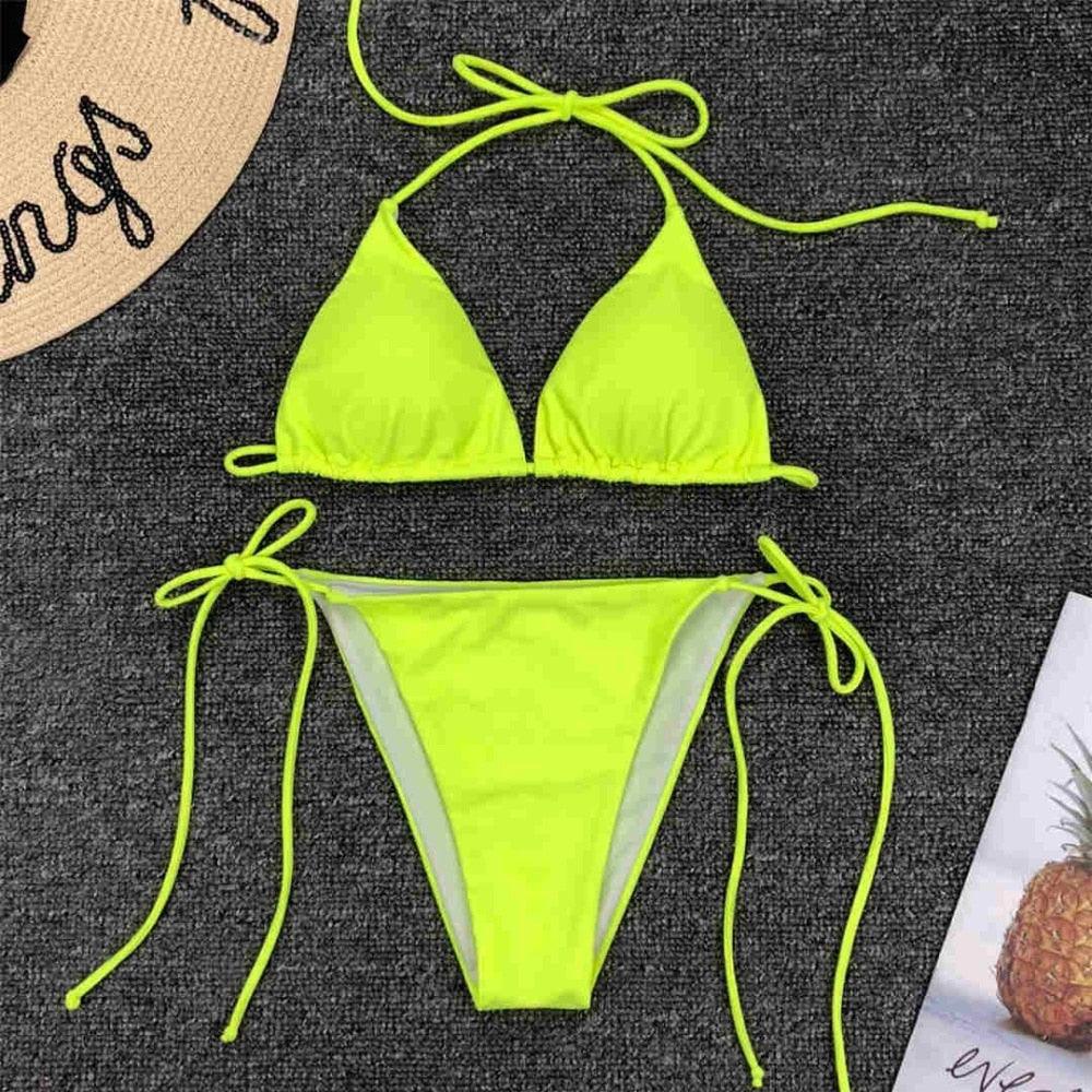 Maillot de bain bikini rose fluo pour femmes Ensemble deux pièces maillot de bain licou Bikini string triangle Ensembles de maillots de bain