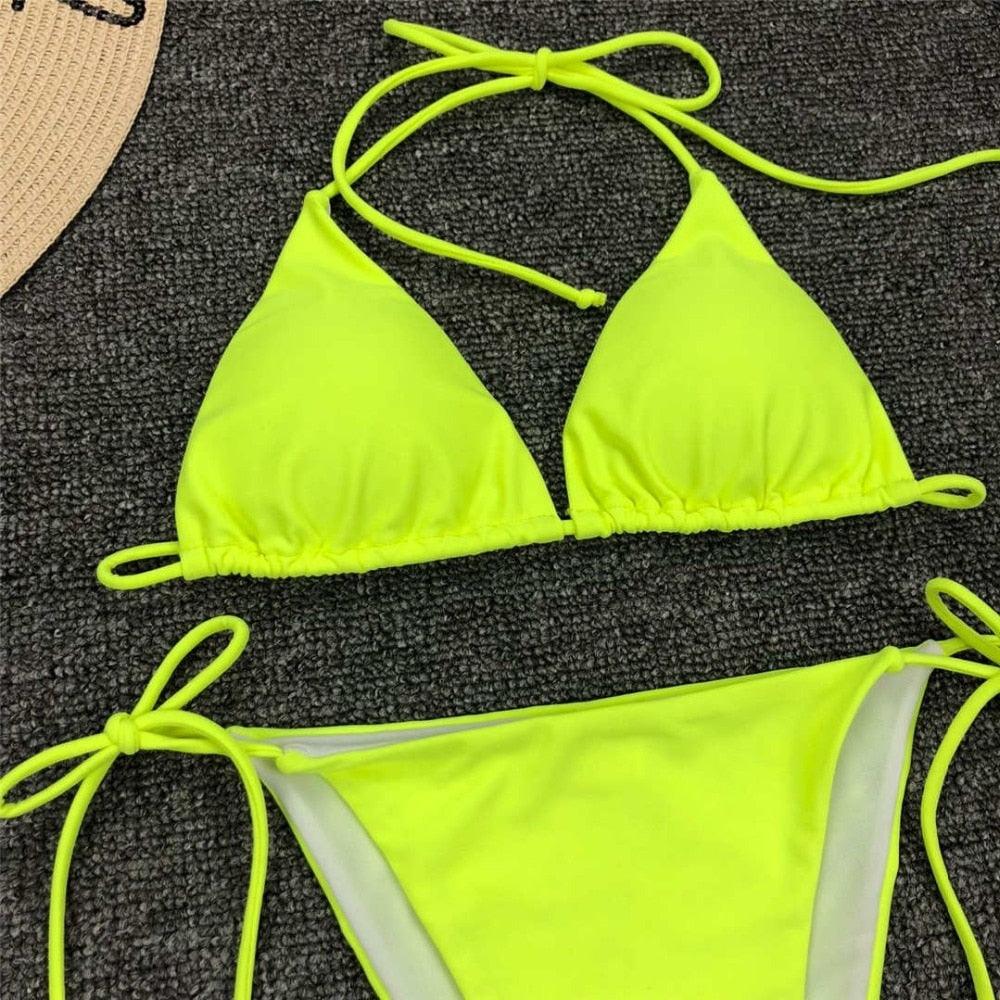 Maillot de bain bikini rose fluo pour femmes Ensemble deux pièces maillot de bain licou Bikini string triangle Ensembles de maillots de bain