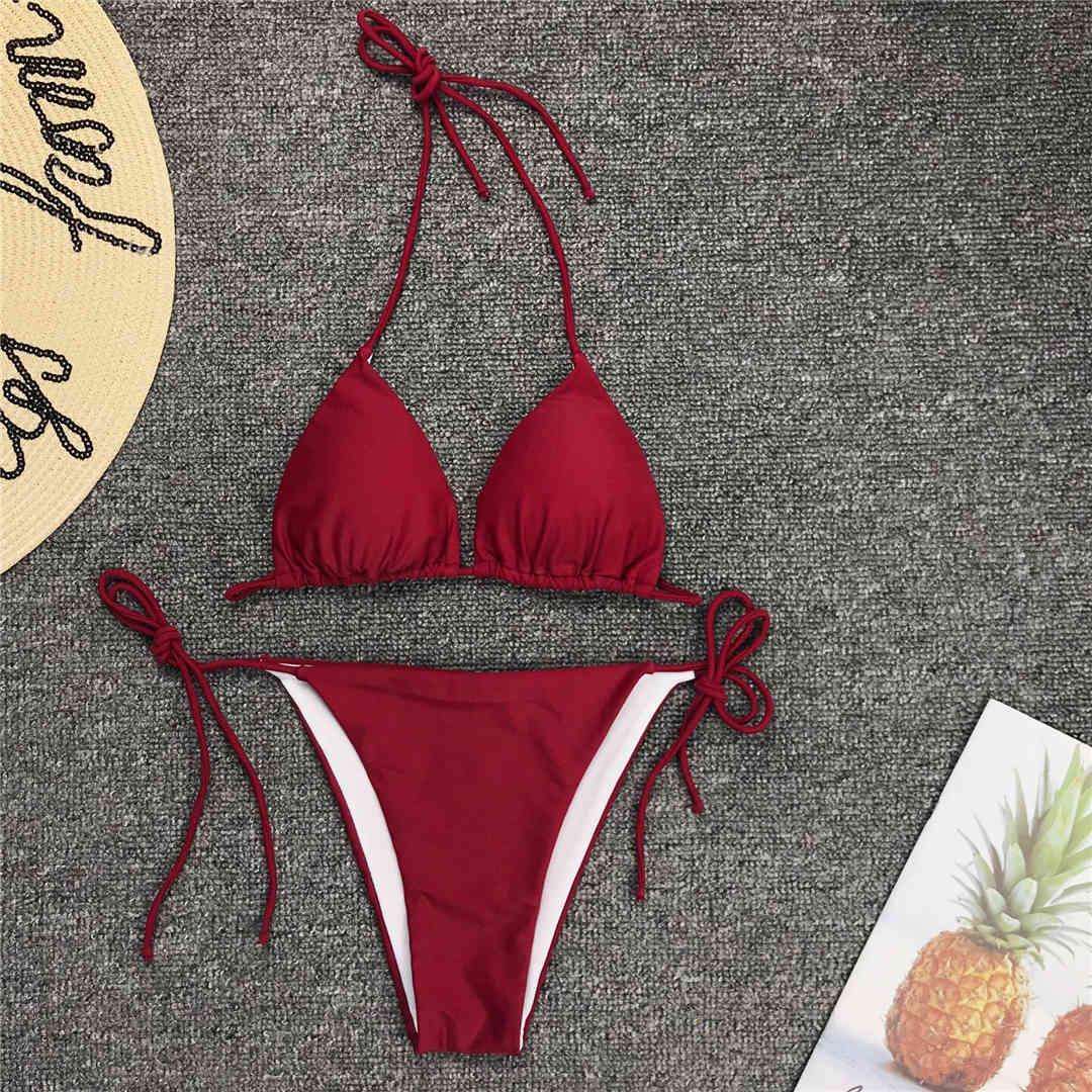 Maillot de bain bikini rose fluo pour femmes Ensemble deux pièces maillot de bain licou Bikini string triangle Ensembles de maillots de bain