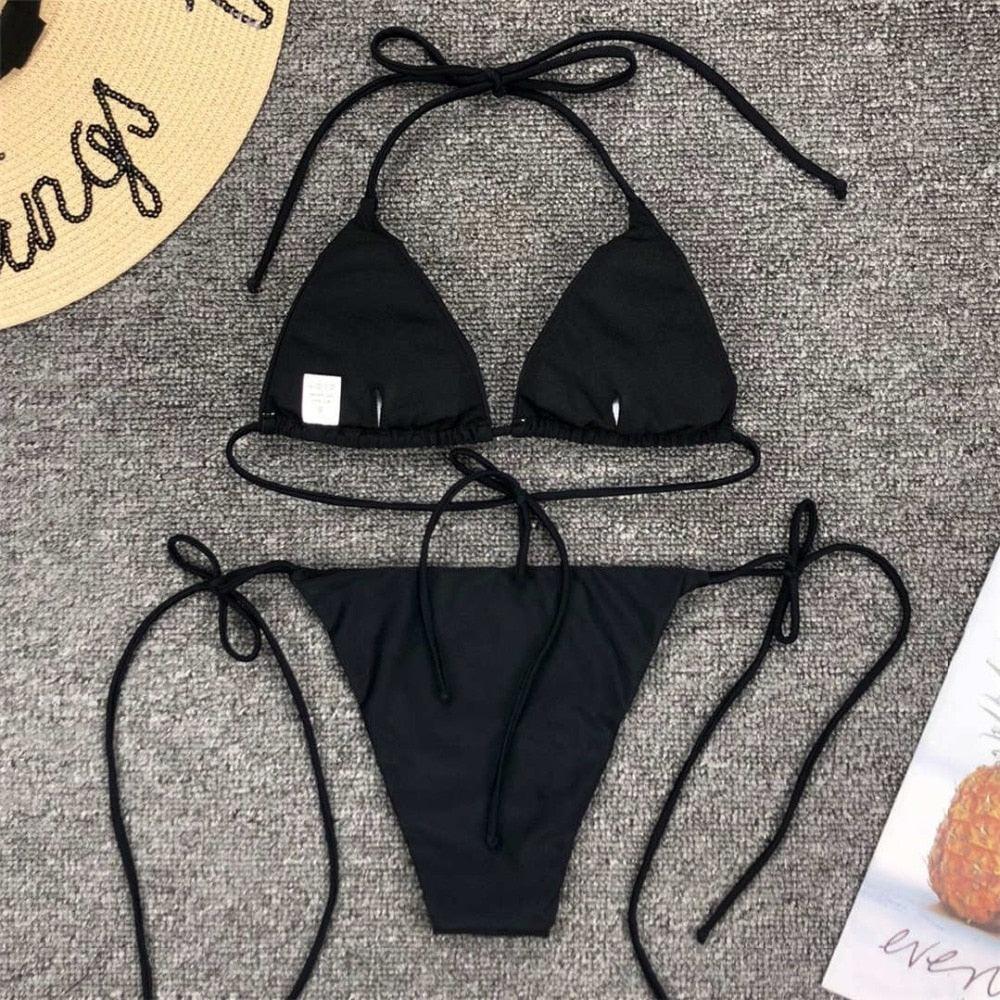 Maillot de bain bikini rose fluo pour femmes Ensemble deux pièces maillot de bain licou Bikini string triangle Ensembles de maillots de bain