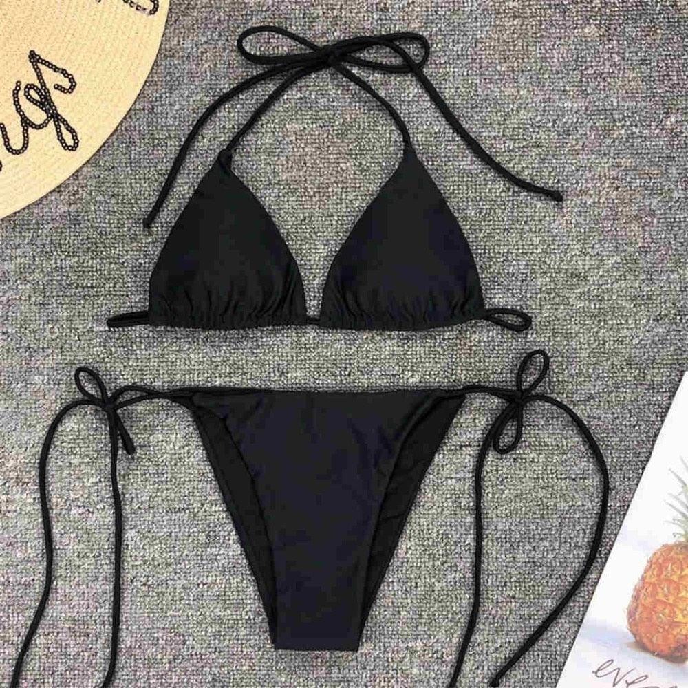 Maillot de bain bikini rose fluo pour femmes Ensemble deux pièces maillot de bain licou Bikini string triangle Ensembles de maillots de bain