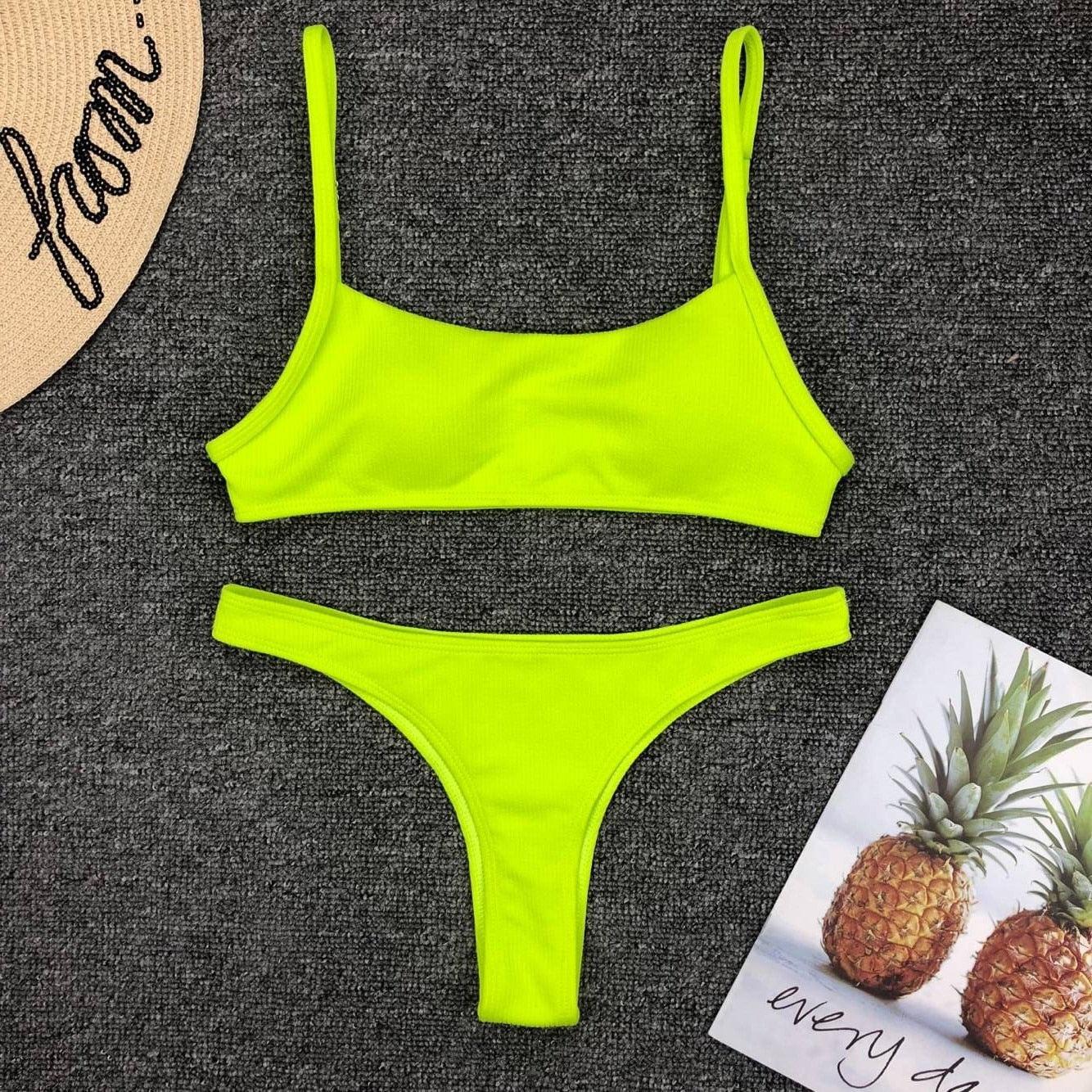 Maillot de bain jaune vert fluo femme Push Up rembourré Micro Bikini été maillot de bain plage maillot de bain femme col rond découpe avant lacets dos coupe haute une pièce maillot de bain