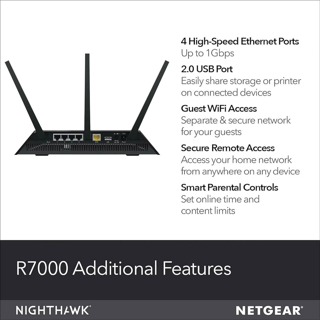 Routeur Wi-Fi intelligent NETGEAR Nighthawk (R7000-100NAS) – Vitesse sans fil AC1900 (jusqu'à 1900 Mb/s) (Reconditionné)