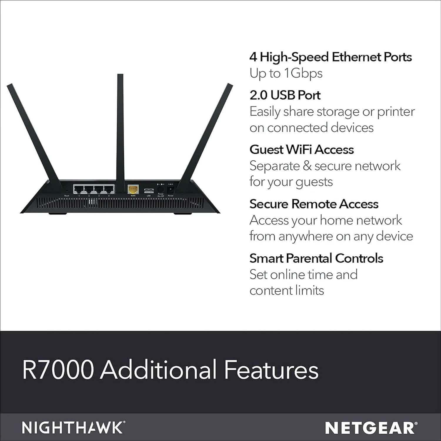 Routeur Wi-Fi intelligent NETGEAR Nighthawk (R7000-100NAS) – Vitesse sans fil AC1900 (jusqu'à 1900 Mb/s) (Reconditionné)