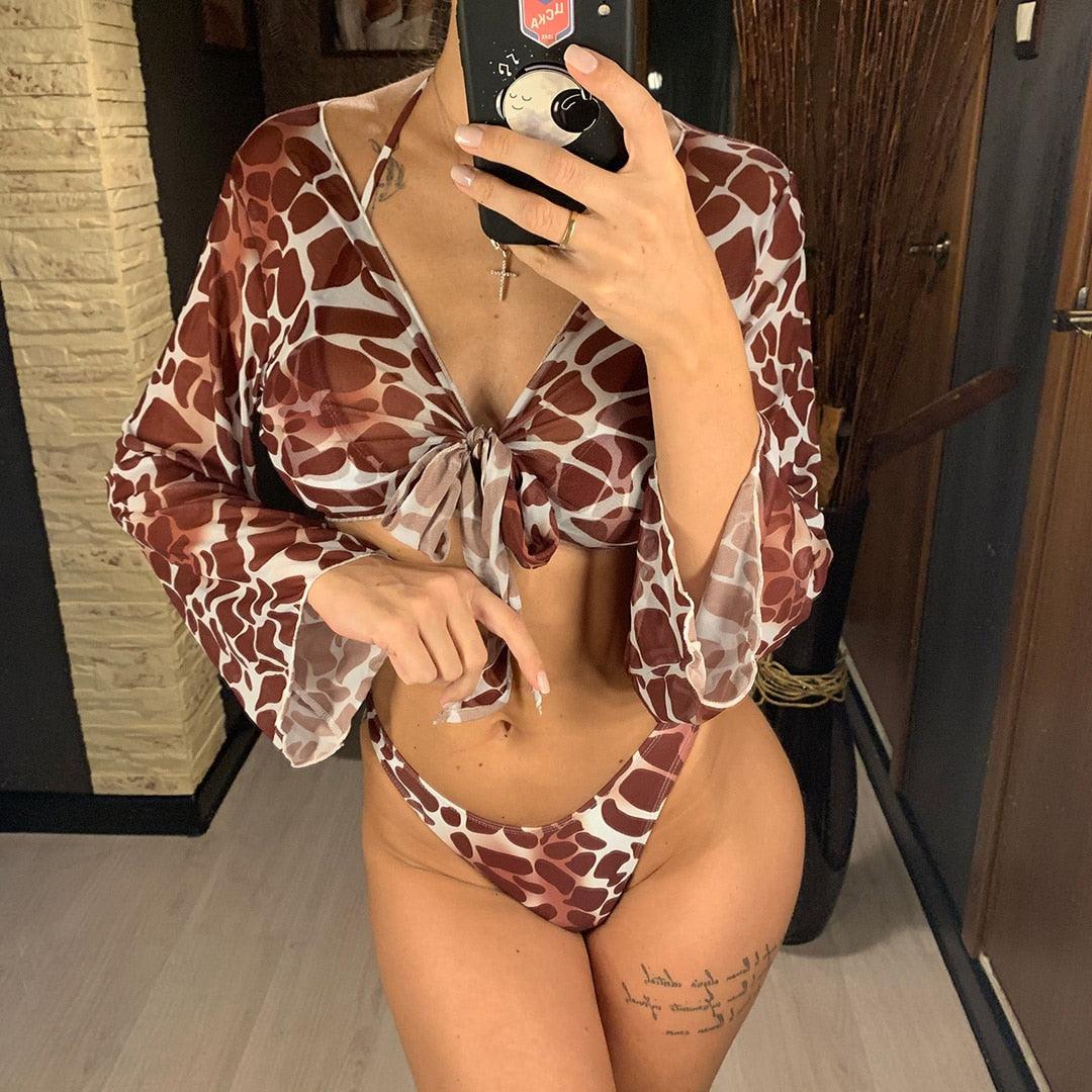 Nouvel Ensemble Bikini pour Femme 3 Pièces Nœud Avant Épaules Dénudées Cache-Maillot avec Ensembles Bikini Dos Nu Maillot de Bain Femme Maillot de Bain Femme Ensemble Bikini Trois Pièces Maillot de Bain Dos Nu Maillot de Bain Plage Femme