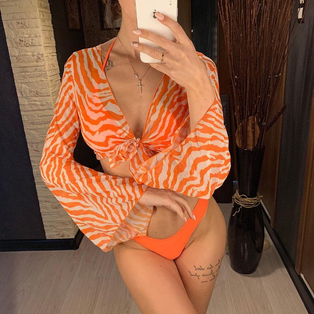 Nouvel Ensemble Bikini pour Femme 3 Pièces Nœud Avant Épaules Dénudées Cache-Maillot avec Ensembles Bikini Dos Nu Maillot de Bain Femme Maillot de Bain Femme Ensemble Bikini Trois Pièces Maillot de Bain Dos Nu Maillot de Bain Plage Femme