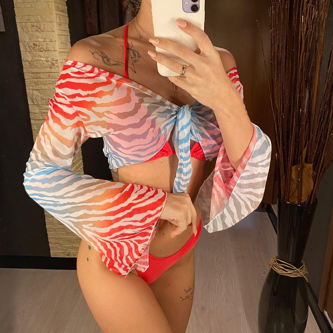 Nouvel Ensemble Bikini pour Femme 3 Pièces Nœud Avant Épaules Dénudées Cache-Maillot avec Ensembles Bikini Dos Nu Maillot de Bain Femme Maillot de Bain Femme Ensemble Bikini Trois Pièces Maillot de Bain Dos Nu Maillot de Bain Plage Femme