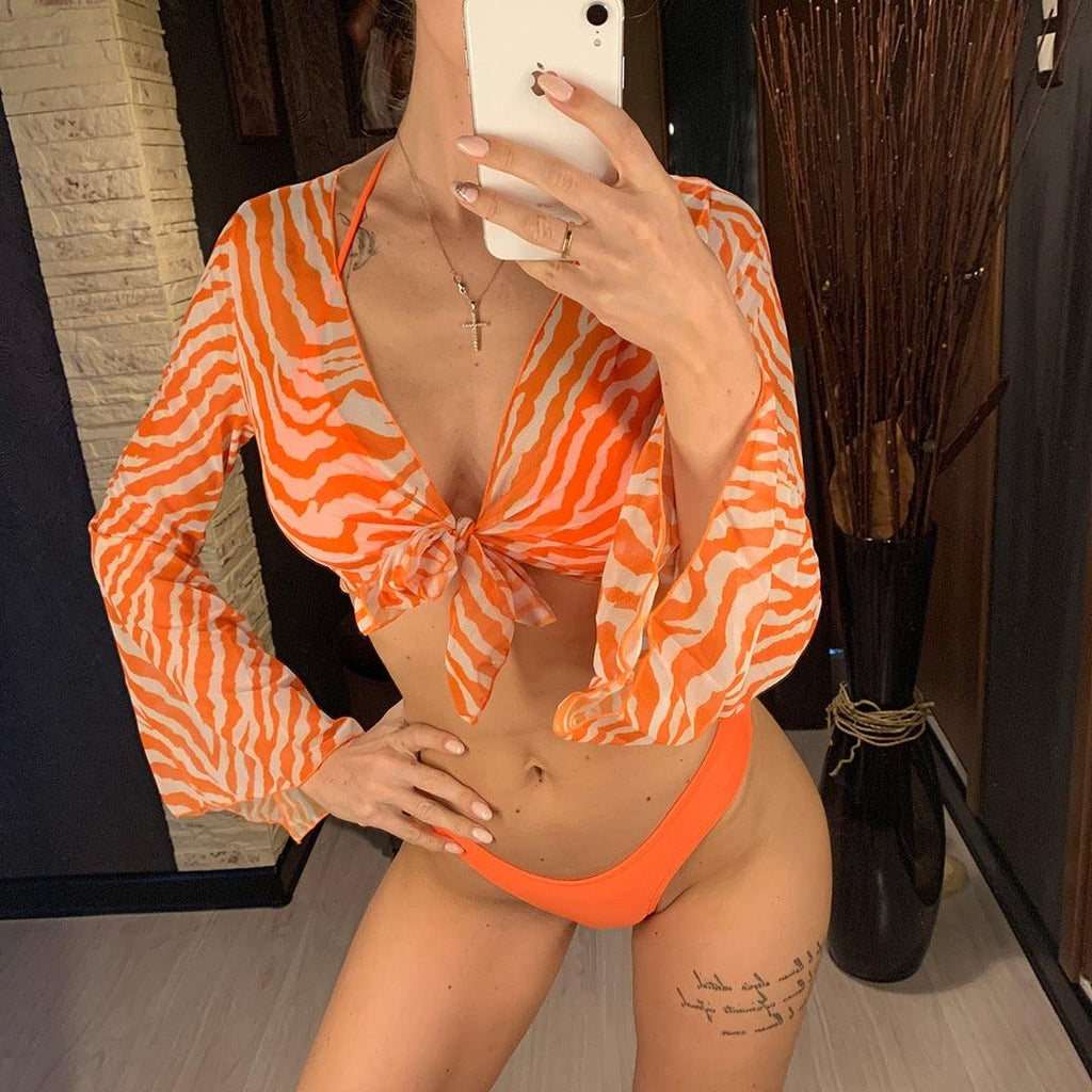 Nouvel Ensemble Bikini pour Femme 3 Pièces Nœud Avant Épaules Dénudées Cache-Maillot avec Ensembles Bikini Dos Nu Maillot de Bain Femme Maillot de Bain Femme Ensemble Bikini Trois Pièces Maillot de Bain Dos Nu Maillot de Bain Plage Femme