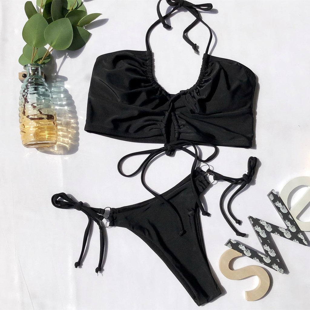 Nouvel ensemble de bikini femme, maillot de bain uni pour femme, bikini push-up, maillot de bain rembourré, bikini découpé avec bretelles, licou, deux pièces.
