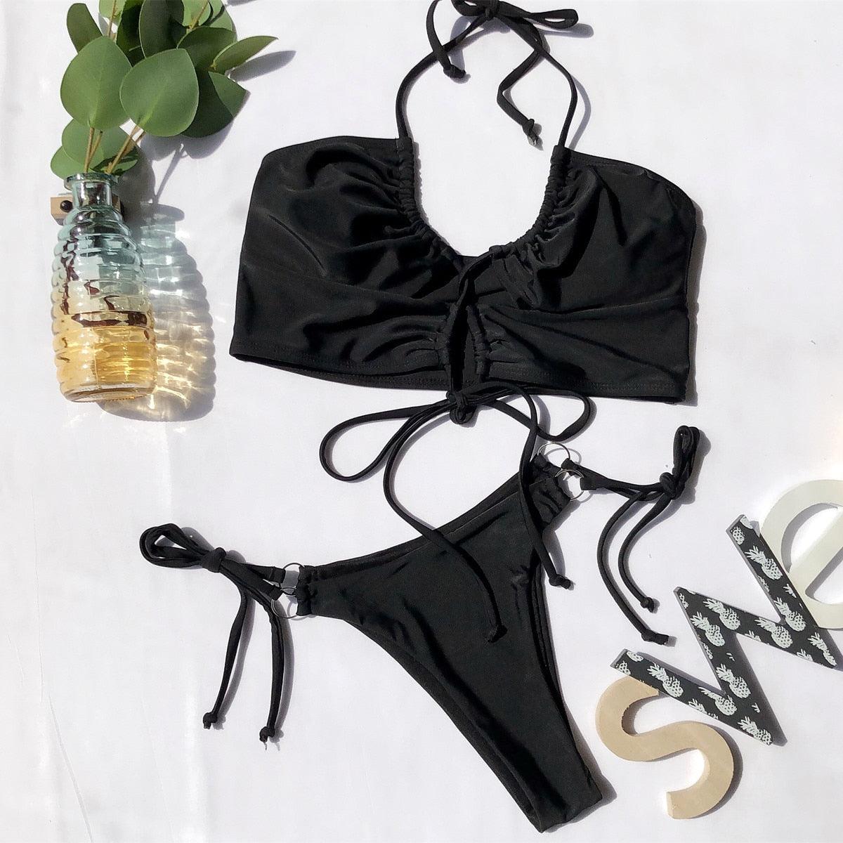 Nouvel ensemble de bikini femme, maillot de bain uni pour femme, bikini push-up, maillot de bain rembourré, bikini découpé avec bretelles, licou, deux pièces.