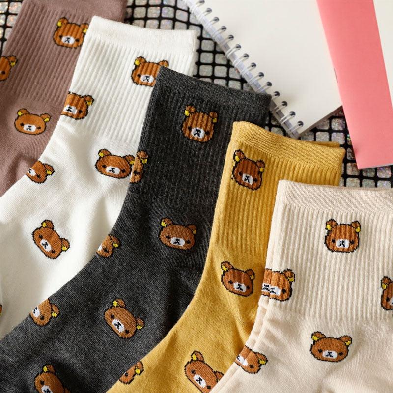 Nouvelles chaussettes de dessin animé en coton respirant pour femme, motif d'ours mignon et animal adorable, chaussettes fantaisie en pur coton peigné pour homme et femme