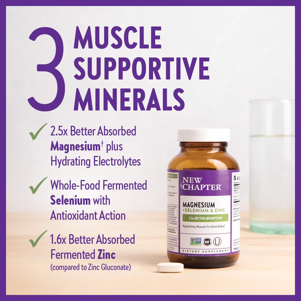 New Chapter Complément Magnésium-Sélénium-Zinc pour Corps Actifs, Récupérez Après l'Effort Grâce aux Minéraux de Soutien Musculaire + Électrolytes Hydratants, 325 mg de Magnésium dans un Comprimé Quotidien, 30 Comprimés
