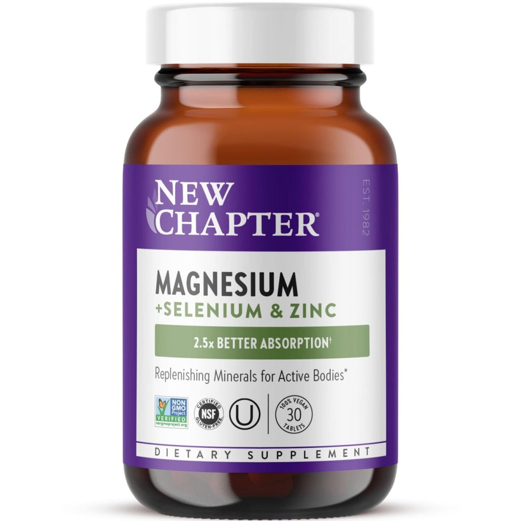 New Chapter Complément Magnésium-Sélénium-Zinc pour Corps Actifs, Récupérez Après l'Effort Grâce aux Minéraux de Soutien Musculaire + Électrolytes Hydratants, 325 mg de Magnésium dans un Comprimé Quotidien, 30 Comprimés