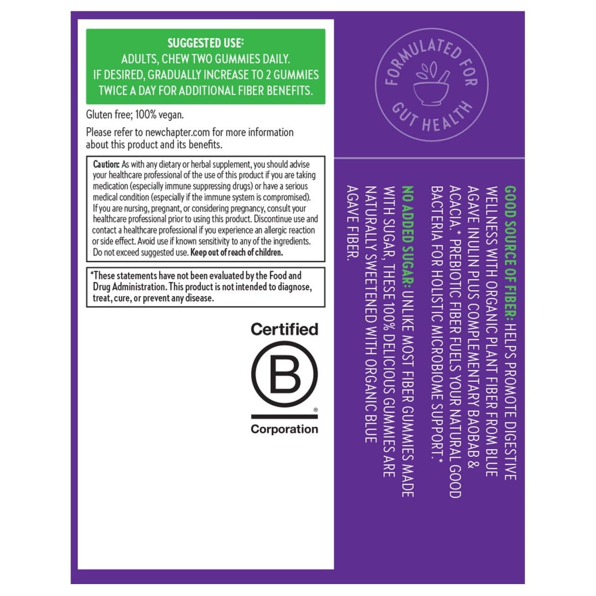 Nouvelles gommes de fibres bio New Chapter pour adultes, jusqu'à 8 g de fibres prébiotiques végétales pour la santé digestive, végétaliennes, sans OGM, certifiées USDA Bio, sans gluten, saveur agrumes-baies, 60 unités