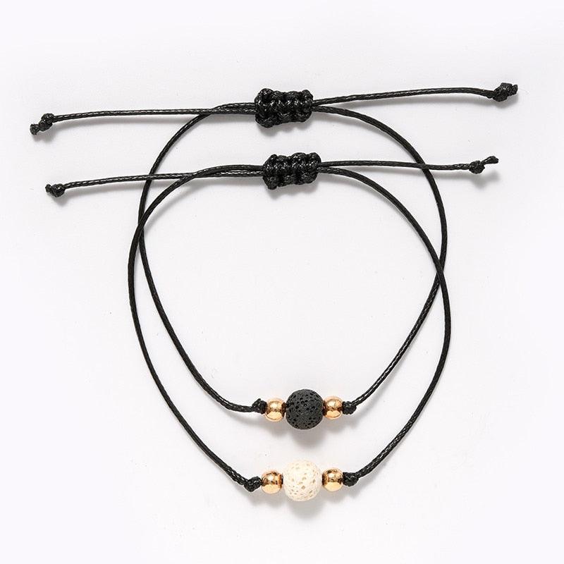 Nouveau Bracelet Charme Pour Couples D'Amitié 2 pièces/ensemble Bracelet en Pierre Volcanique Perles Bracelets Joncs Pierres Naturelles Ensemble Bracelets D'Amitié Tressé à la Main Extensible Réglable Pour Couples