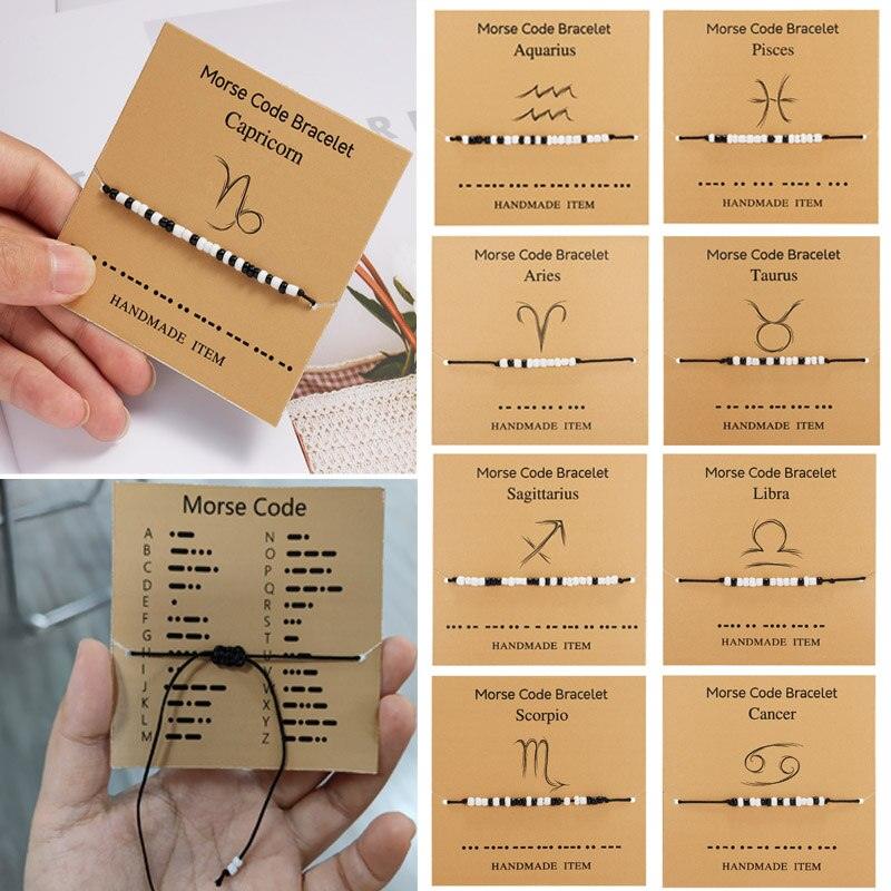 Nouveau bracelet à breloques pour femmes hommes douze signes du zodiaque perles de riz noires blanches bracelet de chaîne de corde réglable bracelet de perles de pierre naturelle pour petit ami petite amie femmes