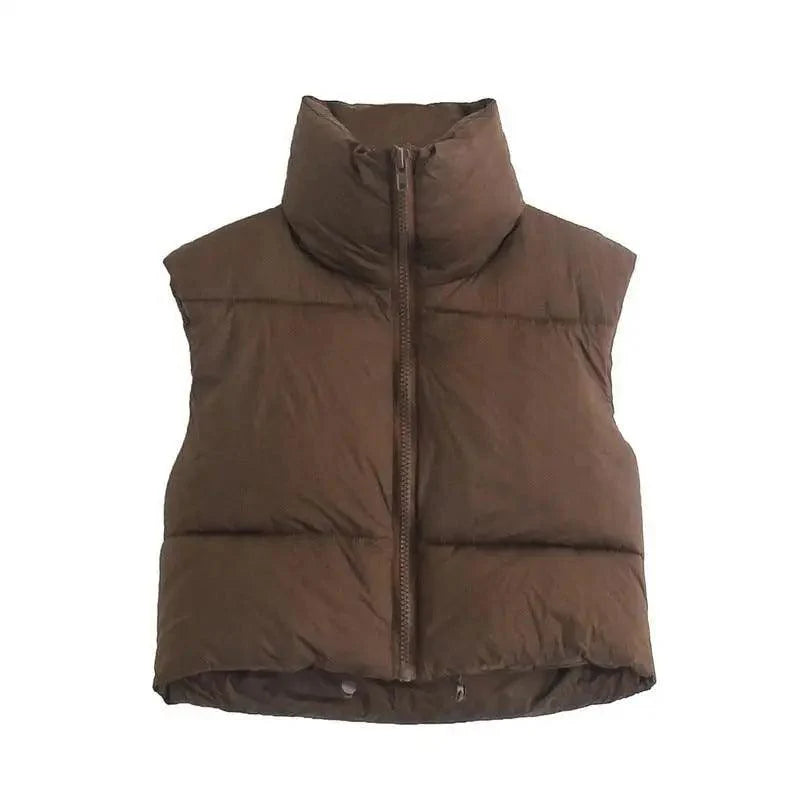 Nouveau Chic Femme Gilet Sans Manches Décontracté Col Haut Couleur Café Court Avec Fermetures Éclair