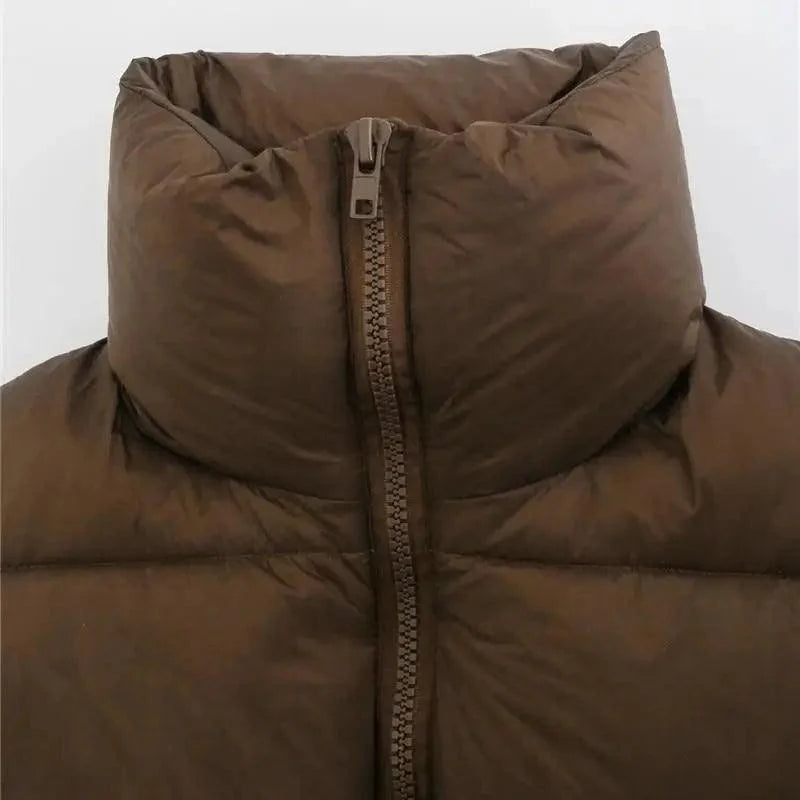 Nouveau Chic Femme Gilet Sans Manches Décontracté Col Haut Couleur Café Court Avec Fermetures Éclair