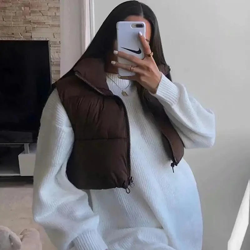 Nouveau Chic Femme Gilet Sans Manches Décontracté Col Haut Couleur Café Court Avec Fermetures Éclair