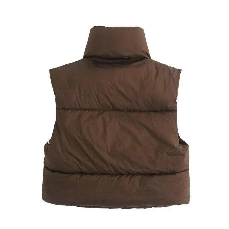 Nouveau Chic Femme Gilet Sans Manches Décontracté Col Haut Couleur Café Court Avec Fermetures Éclair