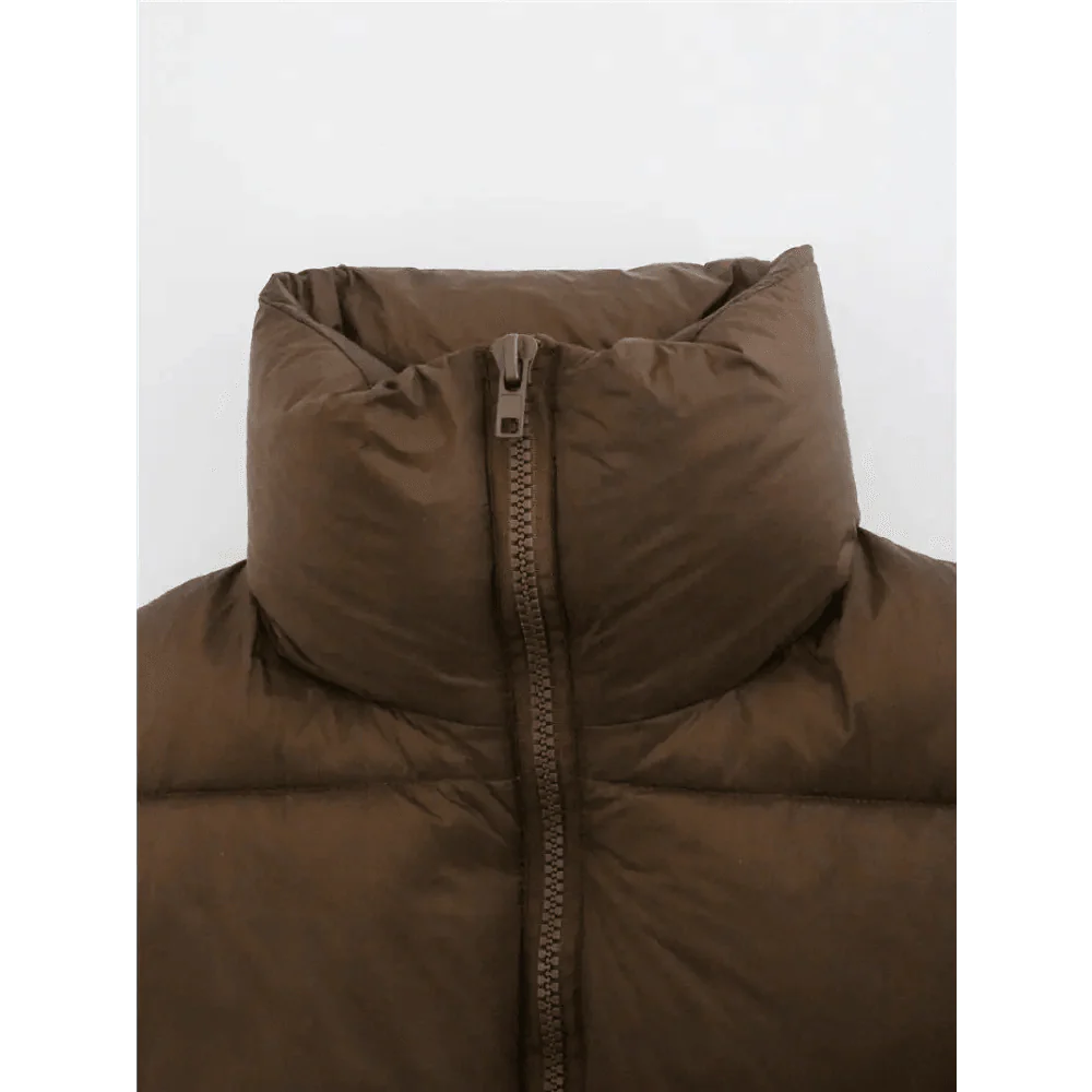 Nouveau Chic Femme Gilet Sans Manches Décontracté Col Haut Couleur Café Court Avec Fermetures Éclair