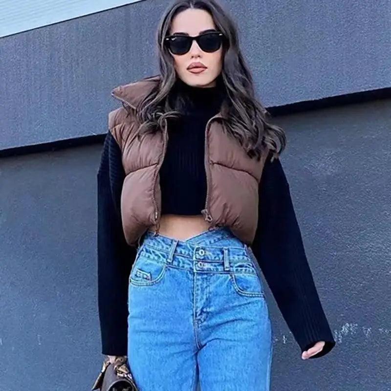 Nouveau Chic Femme Gilet Sans Manches Décontracté Col Haut Couleur Café Court Avec Fermetures Éclair