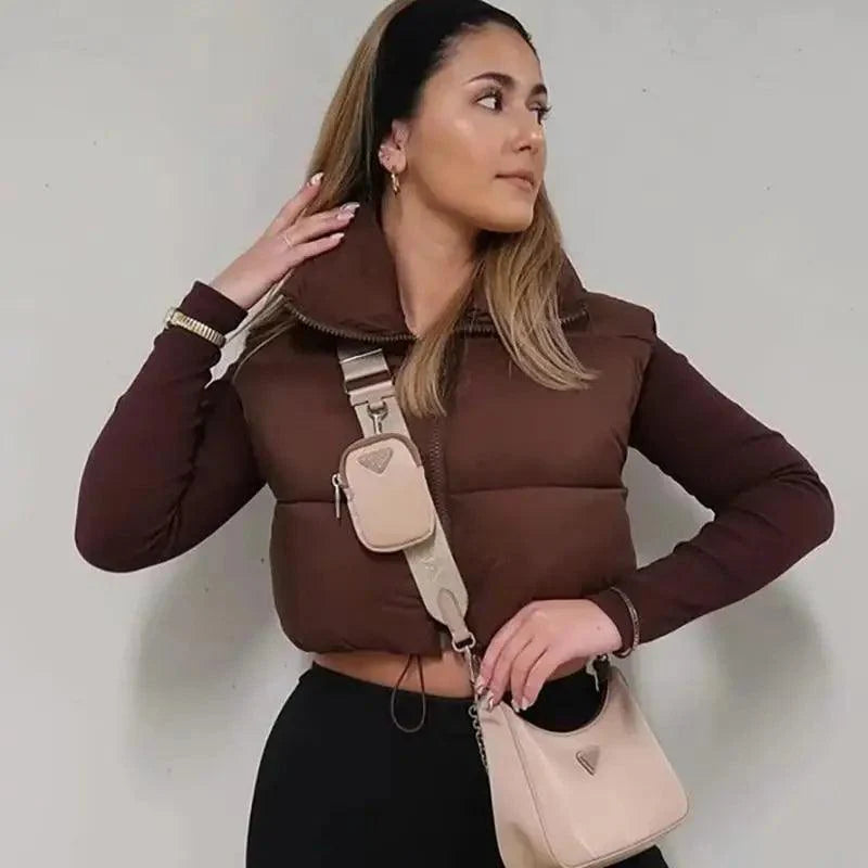 Nouveau Chic Femme Gilet Sans Manches Décontracté Col Haut Couleur Café Court Avec Fermetures Éclair