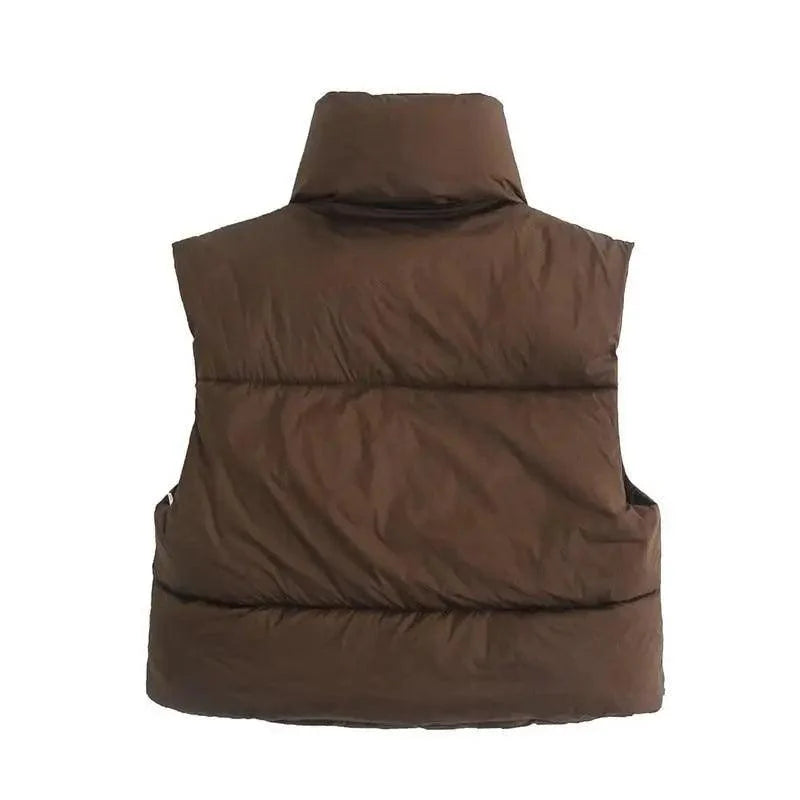 Nouveau Chic Femme Gilet Sans Manches Décontracté Col Haut Couleur Café Court Avec Fermetures Éclair