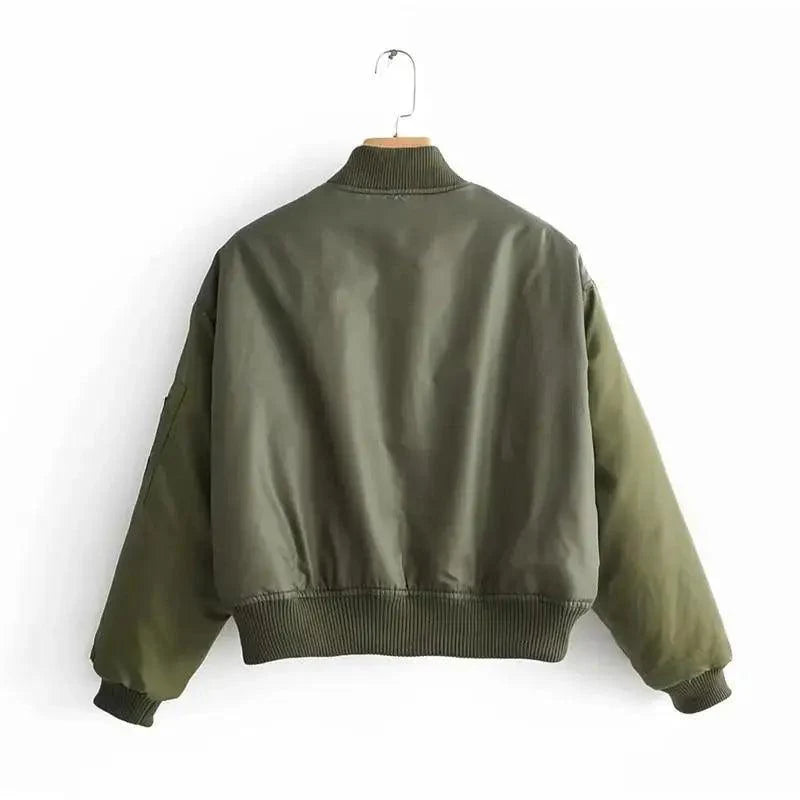 Nouveau design classique automne hiver, courtes vestes vertes pour femmes, blouson aviateur zippé à manches longues, manteau pour femme