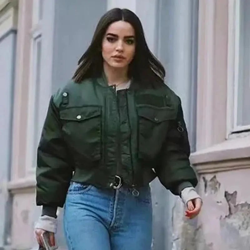 Nouveau design classique automne hiver, courtes vestes vertes pour femmes, blouson aviateur zippé à manches longues, manteau pour femme