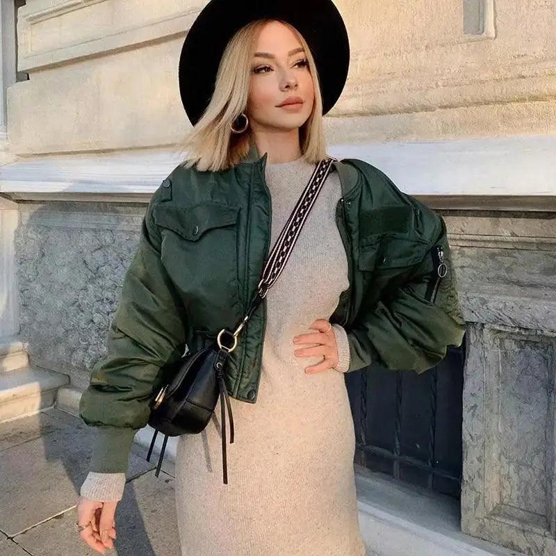 Nouveau design classique automne hiver, courtes vestes vertes pour femmes, blouson aviateur zippé à manches longues, manteau pour femme