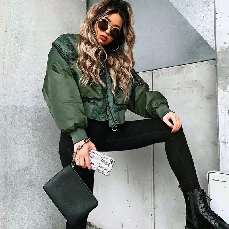 Nouveau design classique automne hiver, courtes vestes vertes pour femmes, blouson aviateur zippé à manches longues, manteau pour femme