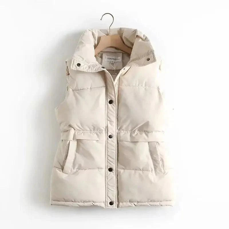 Nouveau Gilet Rembourré en Coton pour Femmes, Hiver Automne, Uni, Coupe Ample, Cordon de Serrage, Col Montant, Longue Veste sans Manches, Coupe-vent, Chaud