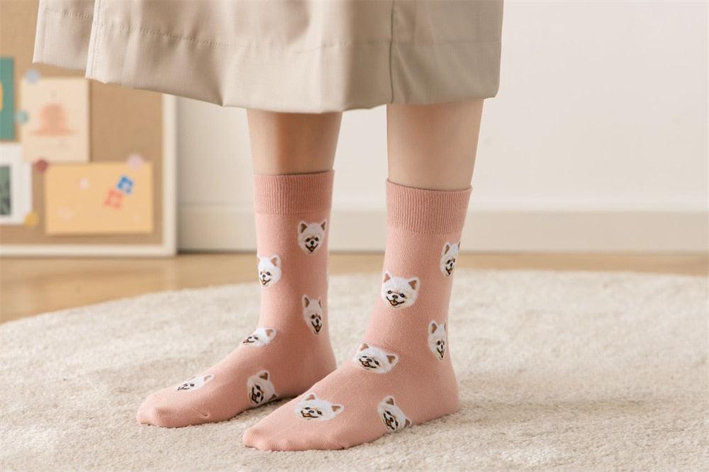 Nouvelles Chaussettes Créatives Mi-Hautes Chien de Dessin Animé Mignon Chaussettes Chaudes Femme Chien Teddy Poméranien Chaussettes en Coton Chaussettes Courtes Cheville Élégantes Unisexe pour Hommes et Femmes