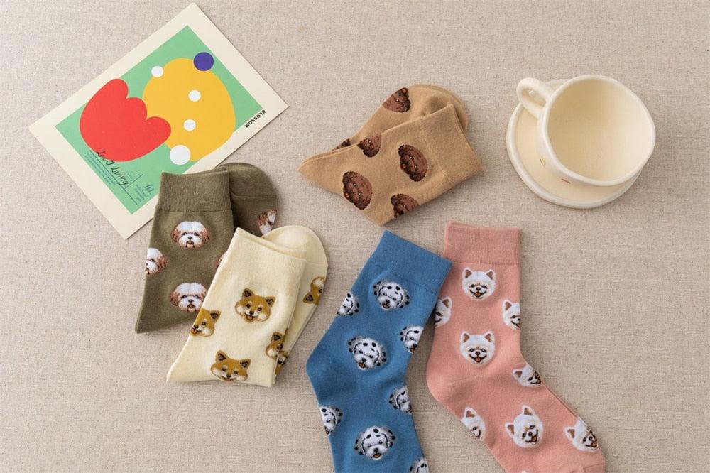 Nouvelles Chaussettes Créatives Mi-Hautes Chien de Dessin Animé Mignon Chaussettes Chaudes Femme Chien Teddy Poméranien Chaussettes en Coton Chaussettes Courtes Cheville Élégantes Unisexe pour Hommes et Femmes