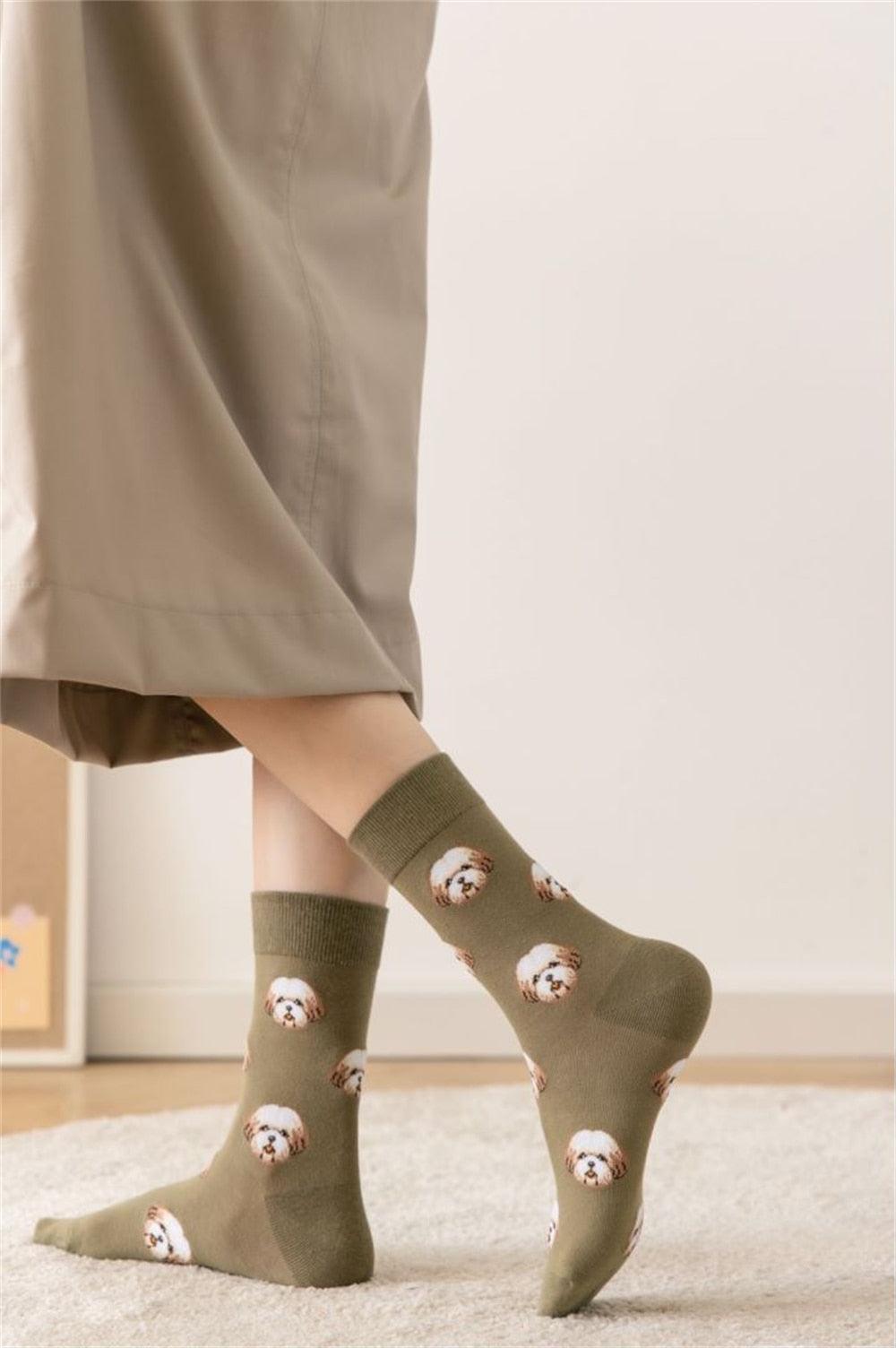 Nouvelles Chaussettes Créatives Mi-Hautes Chien de Dessin Animé Mignon Chaussettes Chaudes Femme Chien Teddy Poméranien Chaussettes en Coton Chaussettes Courtes Cheville Élégantes Unisexe pour Hommes et Femmes