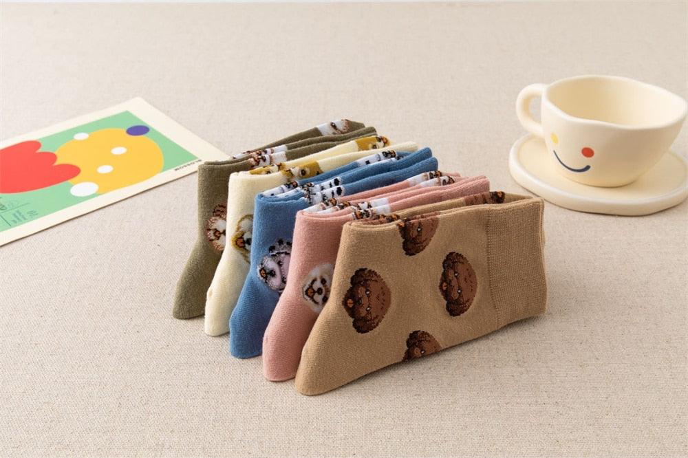 Nouvelles Chaussettes Créatives Mi-Hautes Chien de Dessin Animé Mignon Chaussettes Chaudes Femme Chien Teddy Poméranien Chaussettes en Coton Chaussettes Courtes Cheville Élégantes Unisexe pour Hommes et Femmes