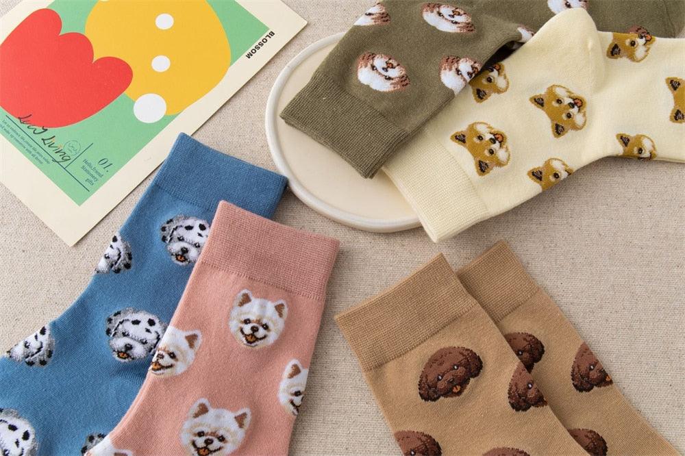 Nouvelles Chaussettes Créatives Mi-Hautes Chien de Dessin Animé Mignon Chaussettes Chaudes Femme Chien Teddy Poméranien Chaussettes en Coton Chaussettes Courtes Cheville Élégantes Unisexe pour Hommes et Femmes