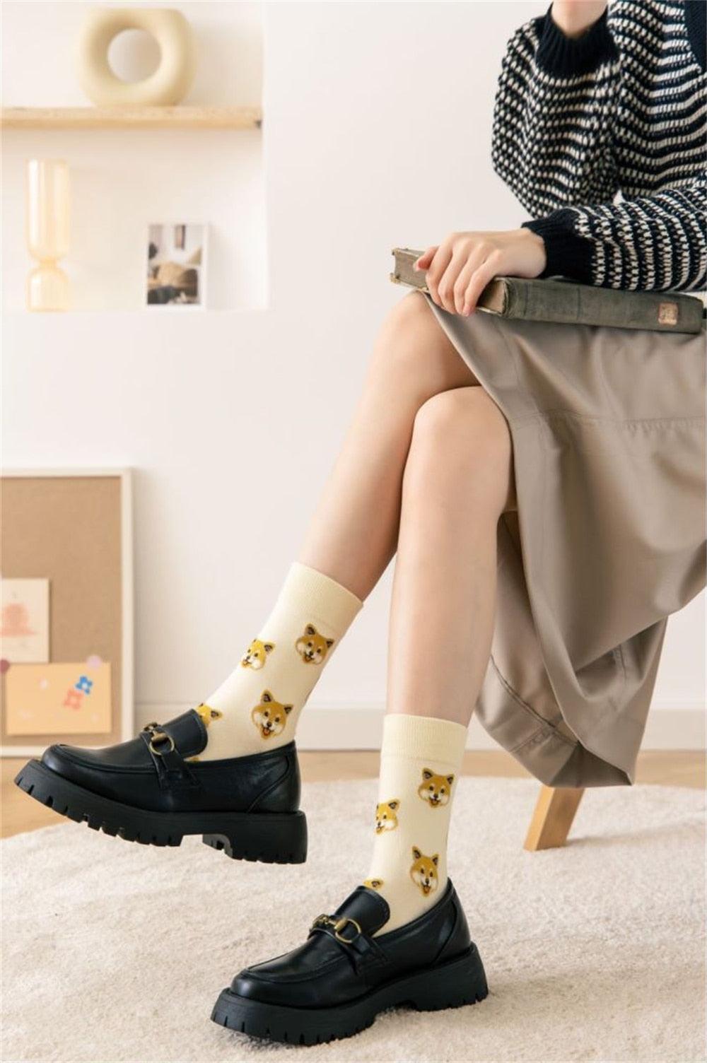 Nouvelles Chaussettes Créatives Mi-Hautes Chien de Dessin Animé Mignon Chaussettes Chaudes Femme Chien Teddy Poméranien Chaussettes en Coton Chaussettes Courtes Cheville Élégantes Unisexe pour Hommes et Femmes