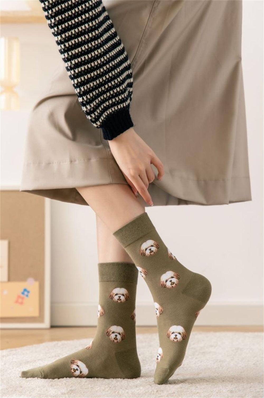 Nouvelles Chaussettes Créatives Mi-Hautes Chien de Dessin Animé Mignon Chaussettes Chaudes Femme Chien Teddy Poméranien Chaussettes en Coton Chaussettes Courtes Cheville Élégantes Unisexe pour Hommes et Femmes