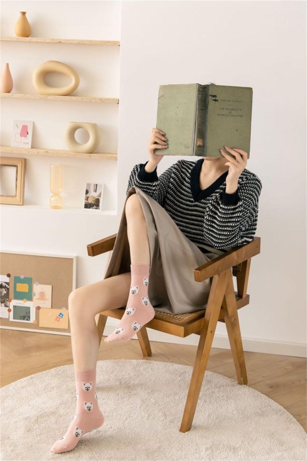 Nouvelles Chaussettes Créatives Mi-Hautes Chien de Dessin Animé Mignon Chaussettes Chaudes Femme Chien Teddy Poméranien Chaussettes en Coton Chaussettes Courtes Cheville Élégantes Unisexe pour Hommes et Femmes