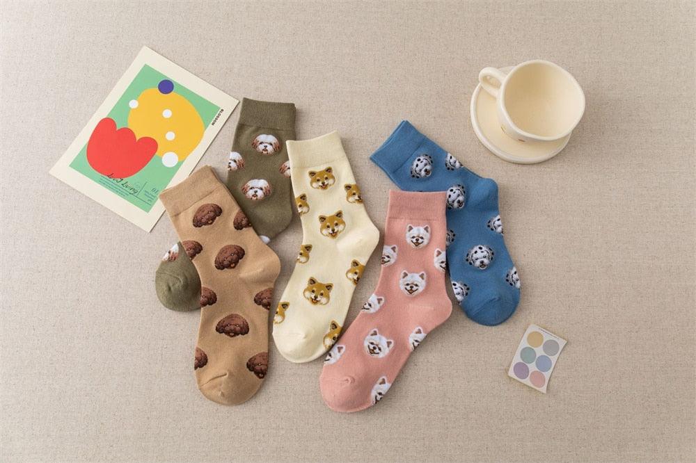 Nouvelles Chaussettes Créatives Mi-Hautes Chien de Dessin Animé Mignon Chaussettes Chaudes Femme Chien Teddy Poméranien Chaussettes en Coton Chaussettes Courtes Cheville Élégantes Unisexe pour Hommes et Femmes