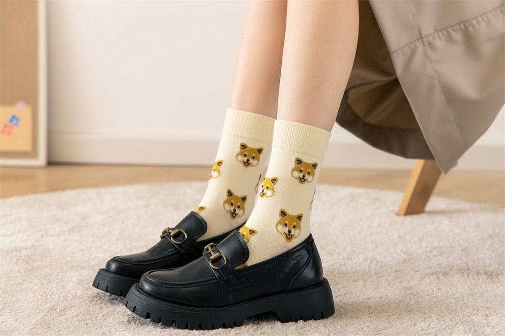 Nouvelles Chaussettes Créatives Mi-Hautes Chien de Dessin Animé Mignon Chaussettes Chaudes Femme Chien Teddy Poméranien Chaussettes en Coton Chaussettes Courtes Cheville Élégantes Unisexe pour Hommes et Femmes