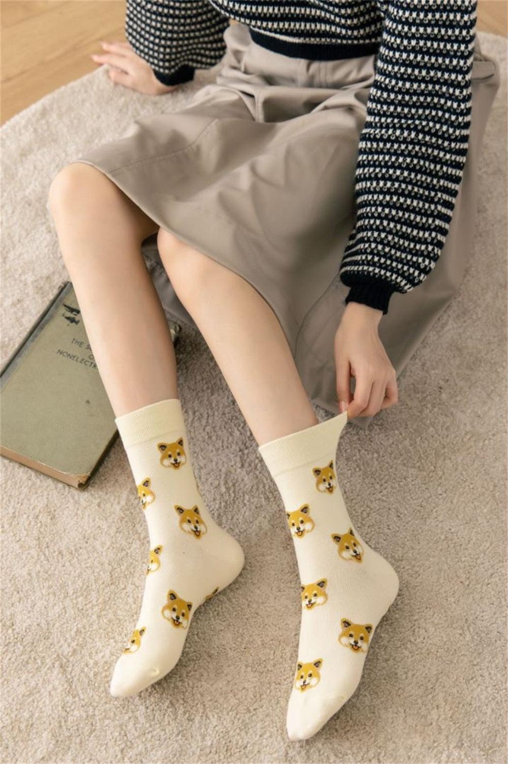 Nouvelles Chaussettes Créatives Mi-Hautes Chien de Dessin Animé Mignon Chaussettes Chaudes Femme Chien Teddy Poméranien Chaussettes en Coton Chaussettes Courtes Cheville Élégantes Unisexe pour Hommes et Femmes