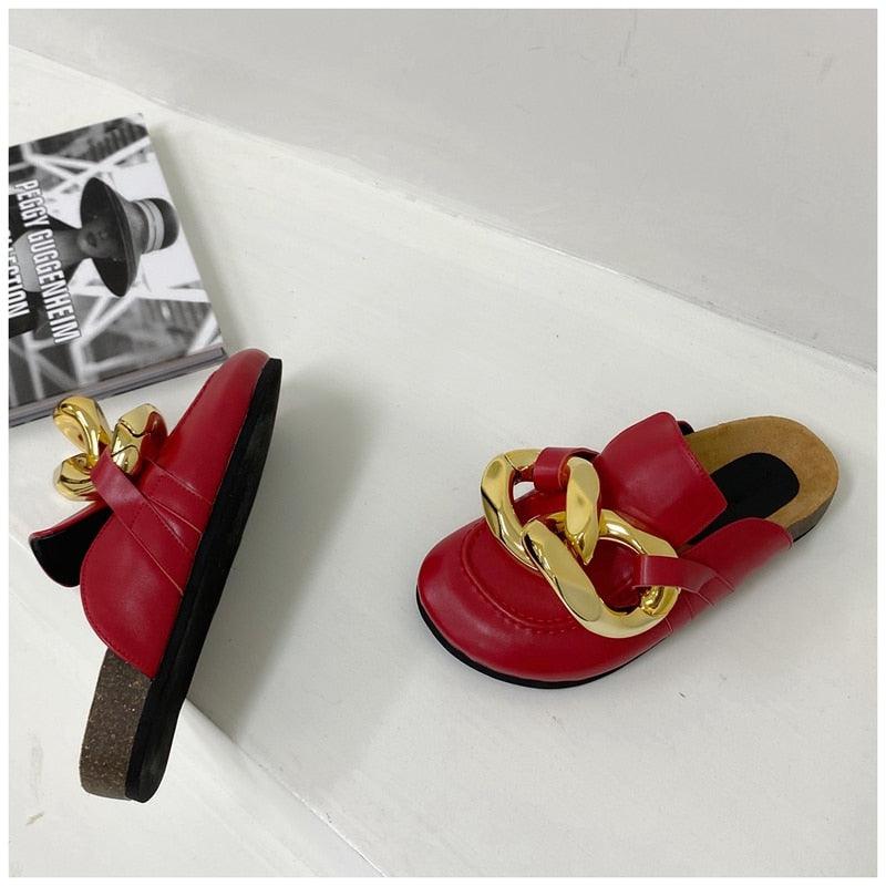 Chaîne en or Femme Pantoufle Bout fermé Chaussures mules à enfiler Bout rond Talons bas Tongs décontractées Sandales plates à enfiler Sandales à enfiler élégantes Mules Talons Chaussons