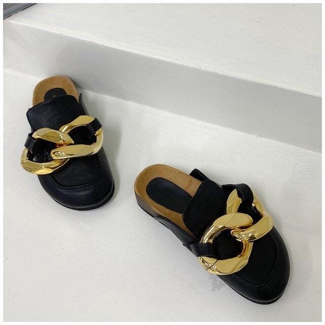 Chaîne en or Femme Pantoufle Bout fermé Chaussures mules à enfiler Bout rond Talons bas Tongs décontractées Sandales plates à enfiler Sandales à enfiler élégantes Mules Talons Chaussons