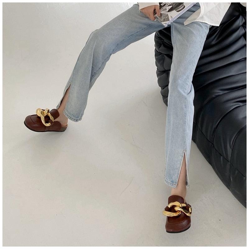 Chaîne en or Femme Pantoufle Bout fermé Chaussures mules à enfiler Bout rond Talons bas Tongs décontractées Sandales plates à enfiler Sandales à enfiler élégantes Mules Talons Chaussons