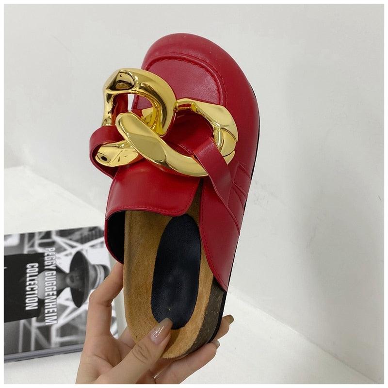 Chaîne en or Femme Pantoufle Bout fermé Chaussures mules à enfiler Bout rond Talons bas Tongs décontractées Sandales plates à enfiler Sandales à enfiler élégantes Mules Talons Chaussons