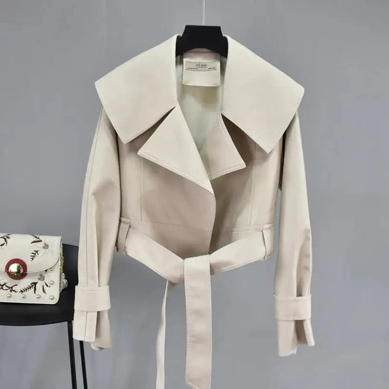 Nouvelle Élégance Automne Blousons Femme en Cuir PU Manteau Court Col Rabattu Ceinture Laçage Moto Noir Punk Rouge Pardessus Vêtement d'Extérieur Femme
